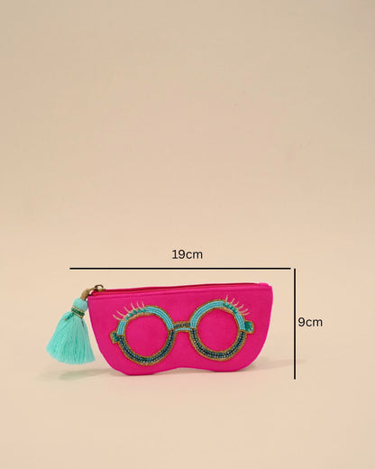 Vibrant fuchsia pink sunglass cover featuring turquoise beaded glasses embroidery, handmade pouch with aqua tassel zip pull