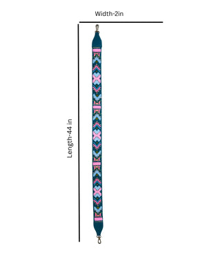 Measurement chart of a patterned strap with width 2in and length 44in on a white background.