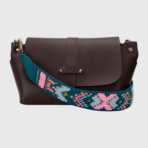 SLING BAG BROWN WITH GEOPOP TEAL EMBROIDERED STRAP