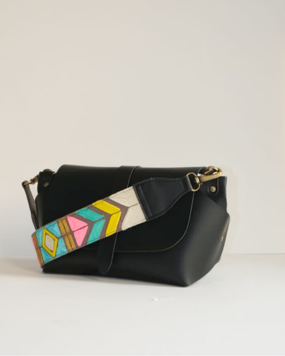 GREY ABSTRACT STRAP SLING BAG- BLACK (WITH EMBROIDERED HANDLE)