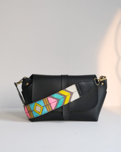 GREY ABSTRACT STRAP SLING BAG- BLACK (WITH EMBROIDERED HANDLE)