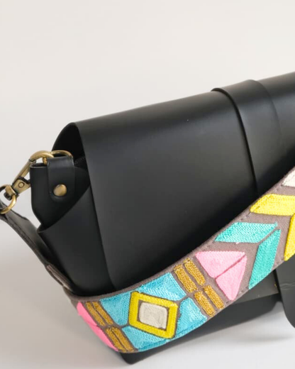 GREY ABSTRACT STRAP SLING BAG- BLACK (WITH EMBROIDERED HANDLE)