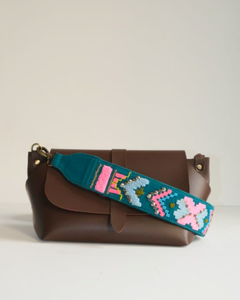 Sling Bag Brown with GeoPop Teal Embroidered Strap