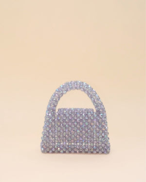Shiny rainbow bead mini tote bag, stylish handcrafted bag for fashion lovers.