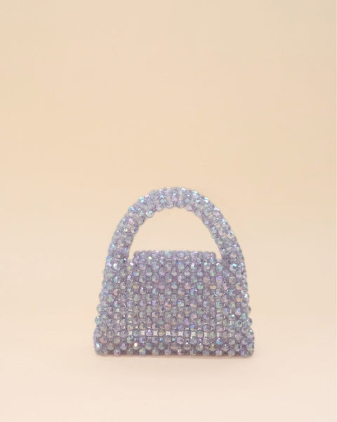 Shiny rainbow bead mini tote bag, stylish handcrafted bag for fashion lovers.