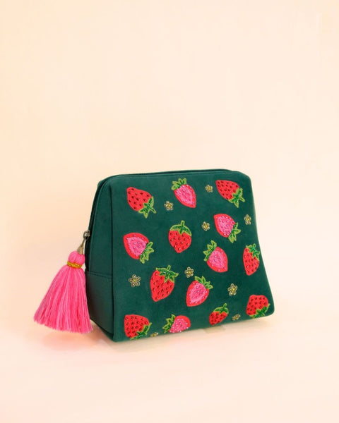 Handmade green pouch with embroidered strawberry motifs and tassel zipper, stylish makeup bag for women.