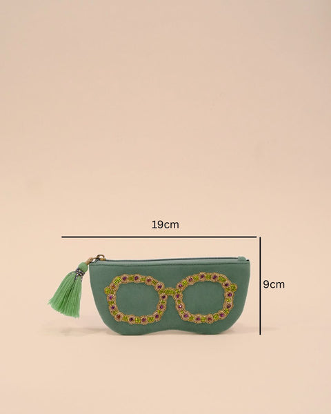 Elegant green sunglass cover pouch featuring golden and purple beaded glasses embroidery, handmade fabric case with matching green tassel zip