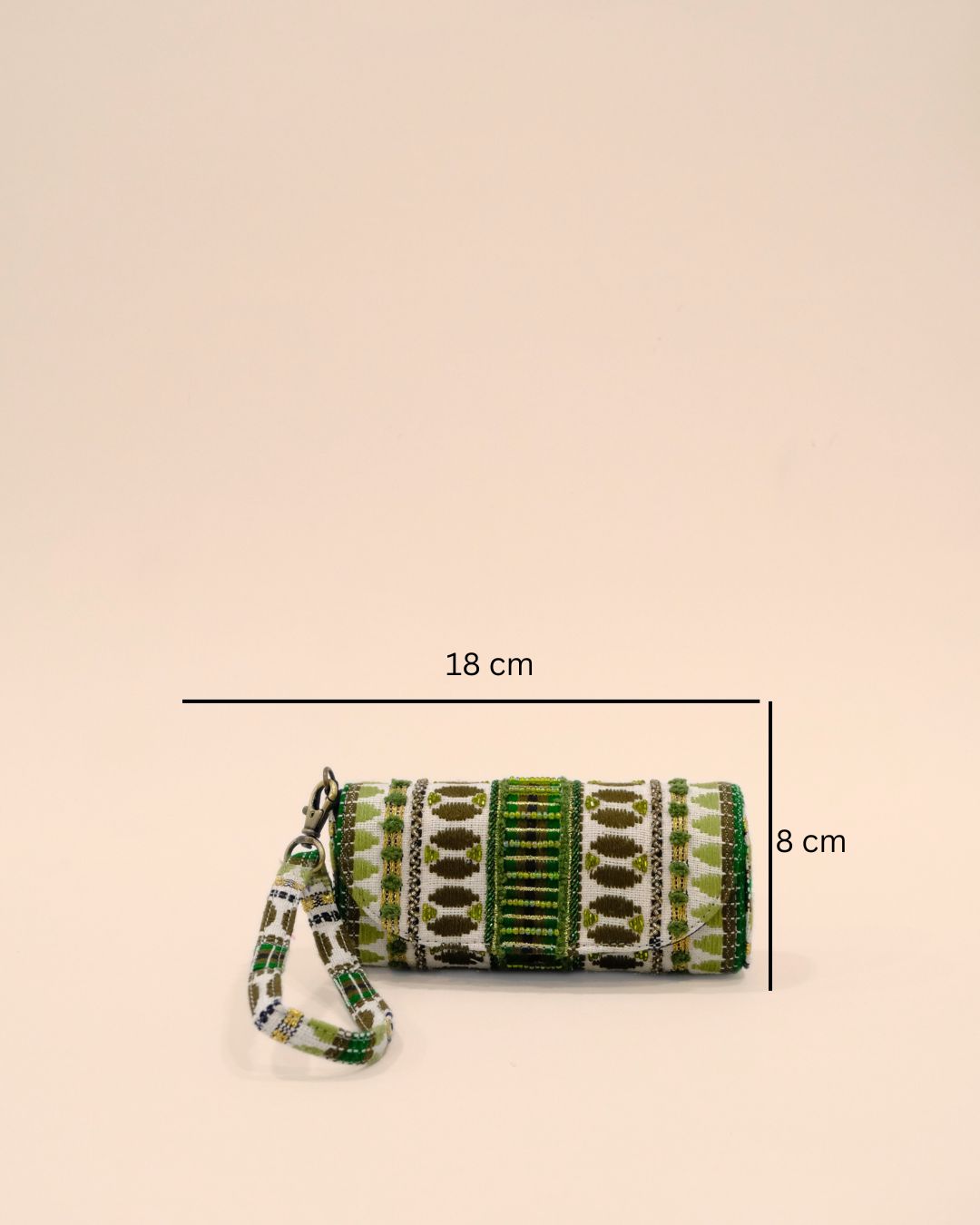 Cylindrical sunglass cover with a wrist strap, featuring green, white, and black tribal-inspired embroidery with bead detailing for a stylish ethnic look.