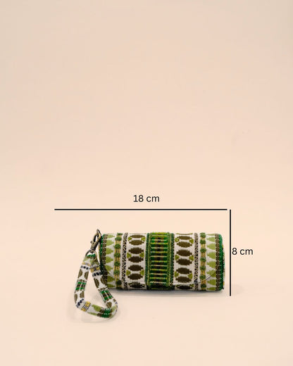 Cylindrical sunglass cover with a wrist strap, featuring green, white, and black tribal-inspired embroidery with bead detailing for a stylish ethnic look.