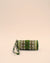 Handmade sunglass cover with tribal embroidery in green, olive, and gold on white base, featuring a matching wrist strap.