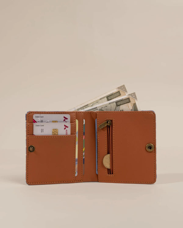Brown leather wallet with cards and money on a beige background