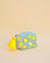 Blue fabric pouch with embroidered bananas and bright yellow tassel zipper, handmade cosmetic and accessory bag.