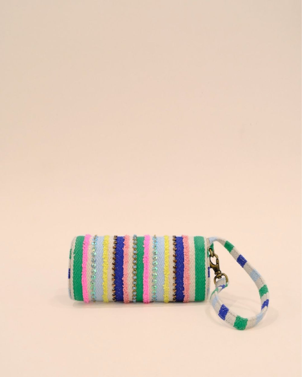 Handmade sunglass cover with embroidered colorful stripes in green, pink, blue, yellow, and white, featuring a wrist strap.