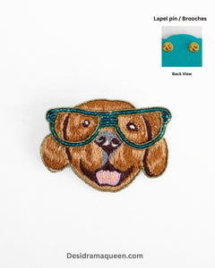 Handmade embroidered Labrador dog brooch with teal sunglasses, quirky beaded lapel pin for jackets, shirts, and bags.