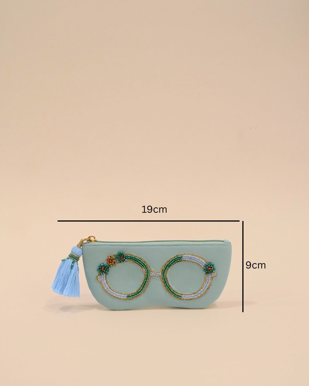 Light blue sunglass cover with intricate bead embroidery of glasses and a tassel zip closure, handmade protective eyewear pouch