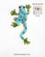 Handcrafted frog brooch in blue with green bead embroidery, unique animal lapel pin accessory.