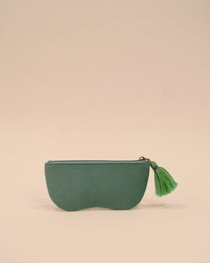 Green embroidered sunglass case with beaded round glasses design and tassel zipper, stylish handmade pouch for eyewear and accessories.