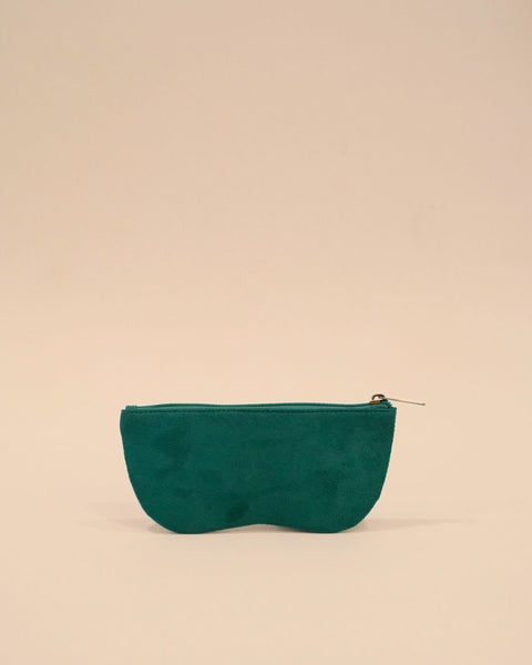 Green embroidered sunglass case with palm tree and ocean beach design, quirky handmade pouch for eyewear and travel accessories.