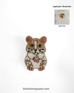 Handcrafted hamster brooch with beads, pearls, and sequins in brown, white, and pink tones, unique animal lapel pin.