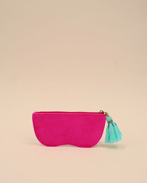Hot pink embroidered sunglass case with turquoise and gold beadwork and tassel detail, handmade eyewear pouch for sunglasses or makeup