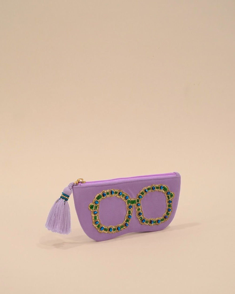 Lavender sunglass cover with gold and green beaded embroidery of round spectacles, handmade eyewear pouch with tassel zipper.