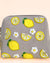 Grey pouch featuring embroidered yellow lemons and white flowers with yellow tassel zipper, handmade cosmetic bag.
