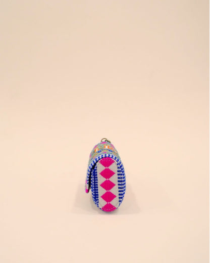 Bright multicolor sunglass case with neon pink, orange, and blue embroidery on fabric base, handmade pouch with wrist strap.