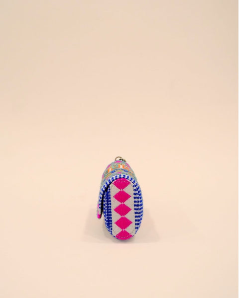 Bright multicolor sunglass case with neon pink, orange, and blue embroidery on fabric base, handmade pouch with wrist strap.