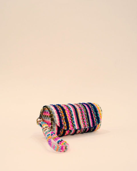 Sunglass cover with bold multicolor stripe embroidery and wrist strap, handmade pouch for sunglasses and accessories.