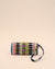 Embroidered sunglass pouch with geometric tribal design in black, white, pink, and green, handmade eyewear cover with wrist strap.