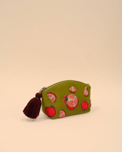 Embroidered olive green pouch with pomegranate motifs and maroon tassel zipper, handmade makeup and travel bag