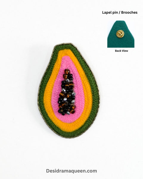 Hand-embroidered papaya brooch with seed bead detailing in green, yellow, and pink, fun tropical accessory for bags, scarves, and jackets.