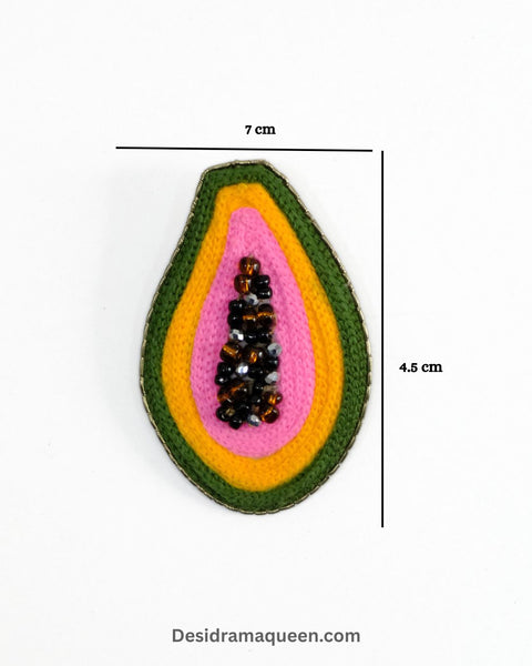 Unique papaya brooch with vibrant beadwork and embroidery, perfect for jackets, dresses, and bags