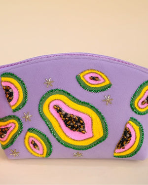 Lavender pouch decorated with colorful papaya embroidery and tassel zipper, handmade bag for cosmetics, toiletries, or accessories.