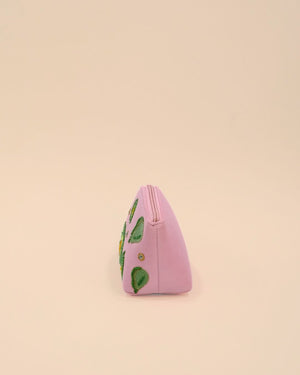 Pink fabric pouch decorated with avocado embroidery, green tassel zipper, handmade bag for makeup or accessories.