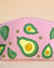 Pink pouch featuring embroidered avocado patterns and tassel zipper, fun handmade bag for makeup, toiletries, or accessories.