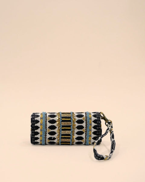 Black and white sunglass pouch with gold and blue tribal geometric embroidery, handmade eyewear case with strap.