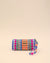 Colorful tribal embroidered sunglass pouch with bold pink, orange, blue, and green patterns, handmade eyewear cover with strap.