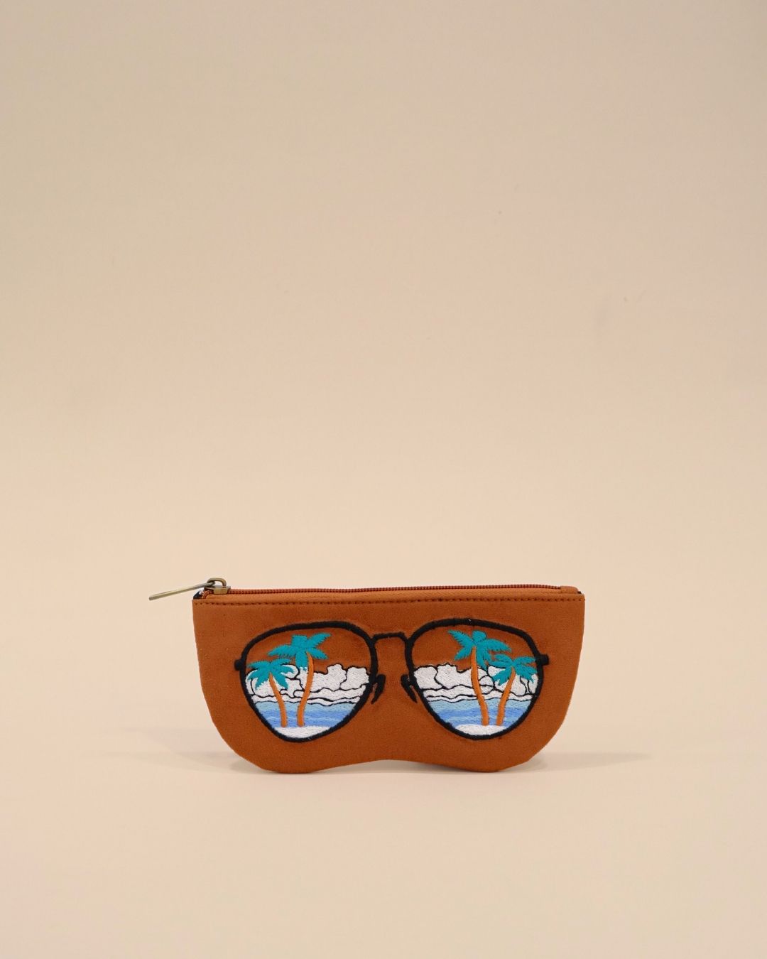 Brown sunglass cover with embroidered palm tree and ocean scene inside sunglasses design, handmade tropical eyewear pouch