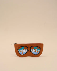 Brown sunglass cover with embroidered palm tree and ocean scene inside sunglasses design, handmade tropical eyewear pouch