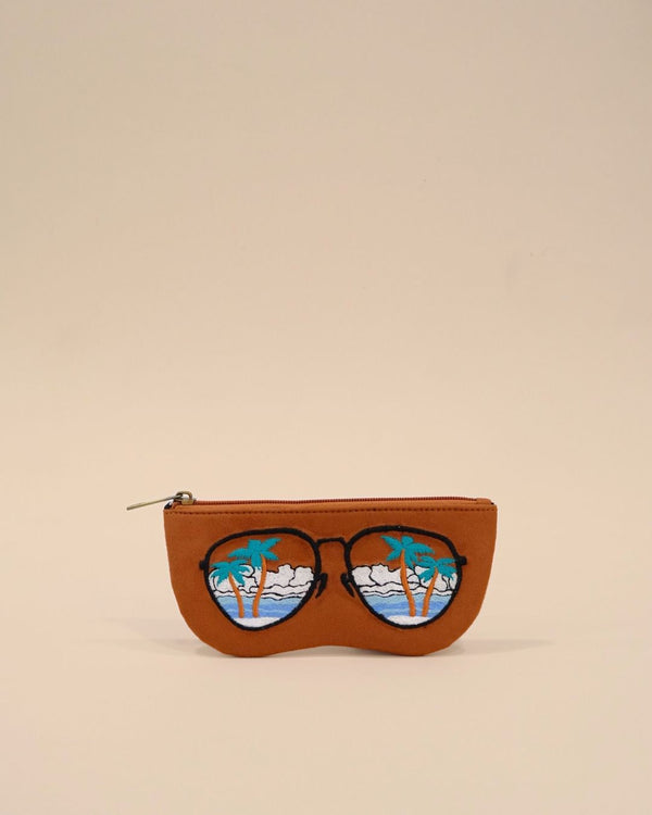Brown sunglass cover with embroidered palm tree and ocean scene inside sunglasses design, handmade tropical eyewear pouch