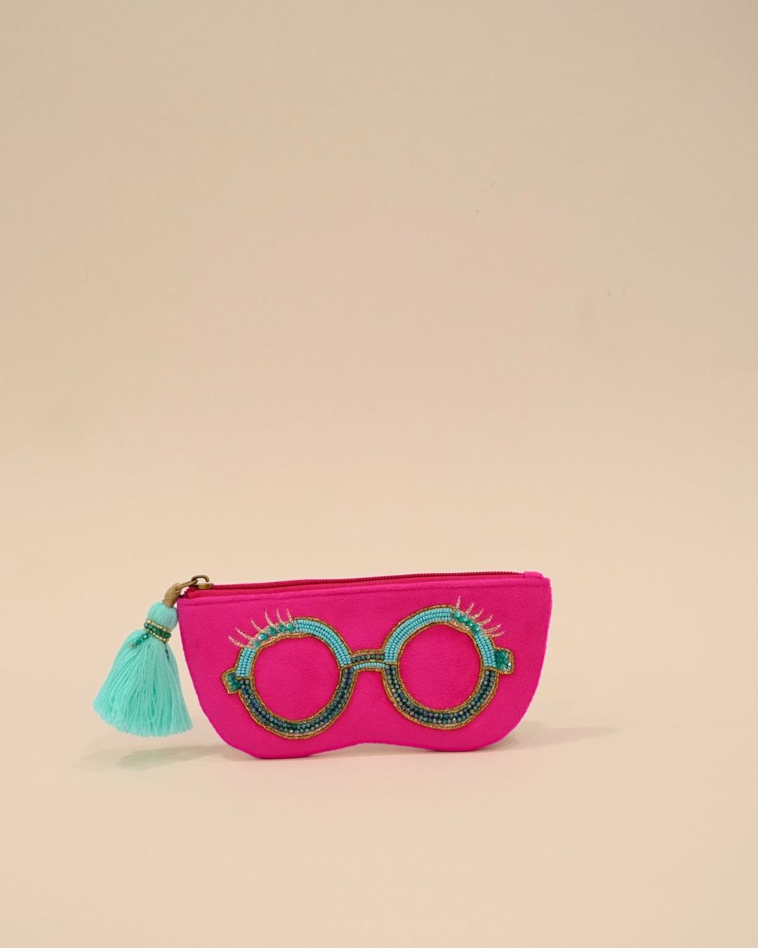 Hot pink sunglass cover with turquoise and gold beaded round glasses embroidery and tassel zipper, handmade pouch for eyewear and accessories.