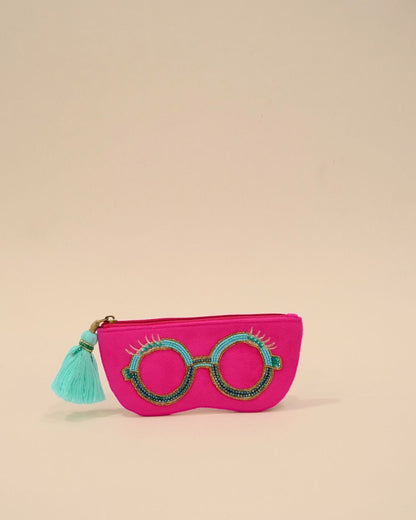 Hot pink sunglass cover with turquoise and gold beaded round glasses embroidery and tassel zipper, handmade pouch for eyewear and accessories.