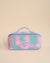 Stylish blue makeup kit with pink and green embroidery, perfect for travel and daily use.
