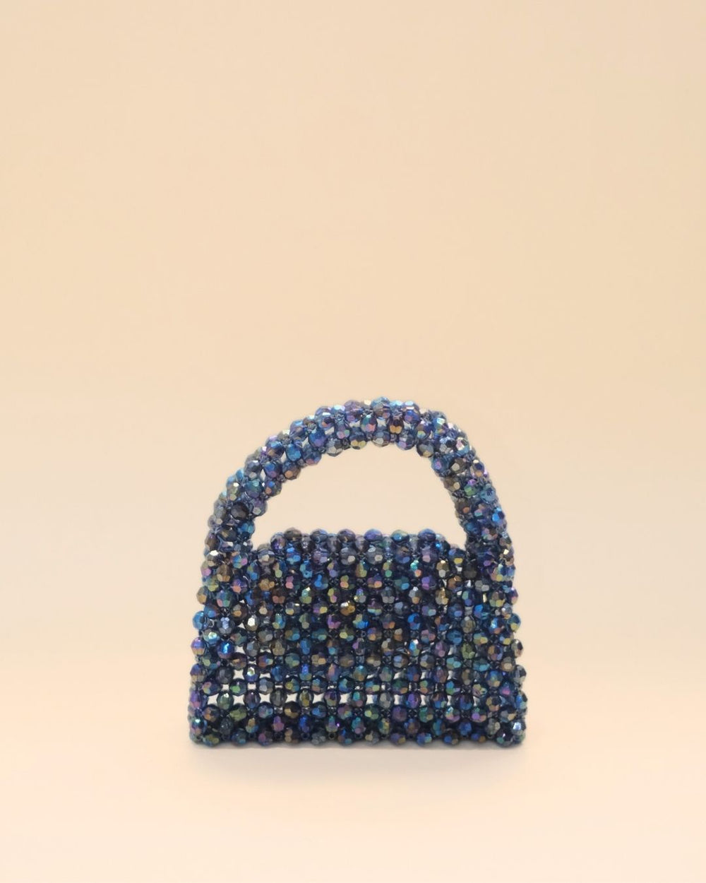 Sparkling rainbow bead mini tote bag with handle, handcrafted beaded handbag front view.