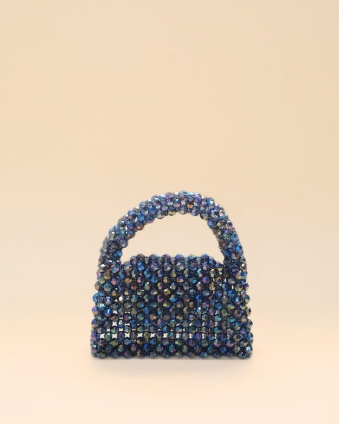 Sparkling rainbow bead mini tote bag with handle, handcrafted beaded handbag front view.