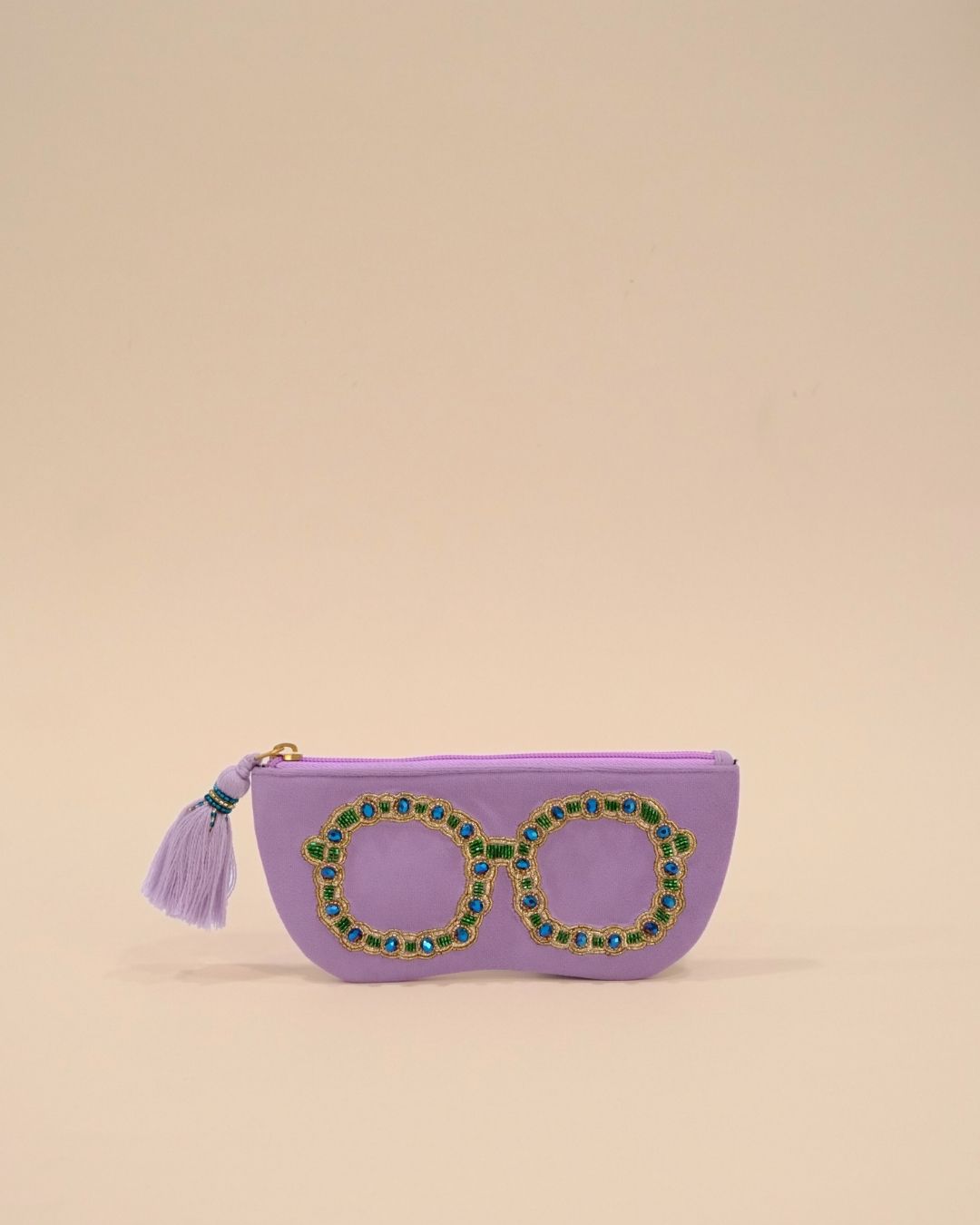 Lavender sunglass cover with gold and green beaded embroidery of round spectacles, handmade eyewear pouch with tassel zipper.