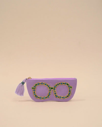 Lavender sunglass cover with gold and green beaded embroidery of round spectacles, handmade eyewear pouch with tassel zipper.