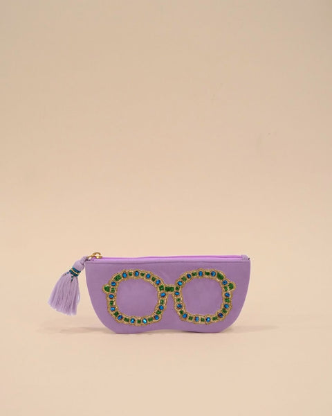 Lavender sunglass cover with gold and green beaded embroidery of round spectacles, handmade eyewear pouch with tassel zipper.