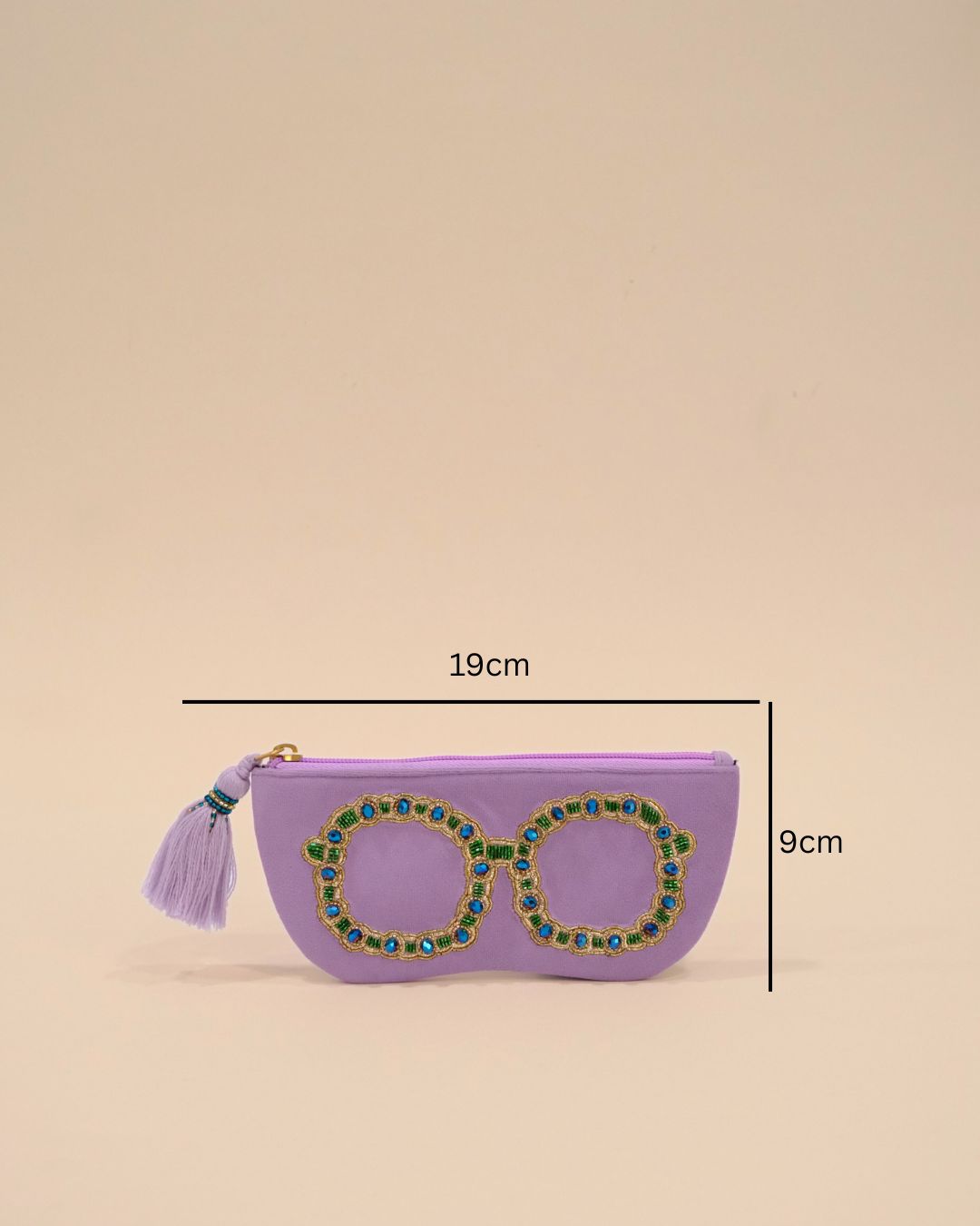 Stylish lavender sunglass cover with golden and green beaded glasses embroidery and tassel zip closure, handmade eyewear pouch